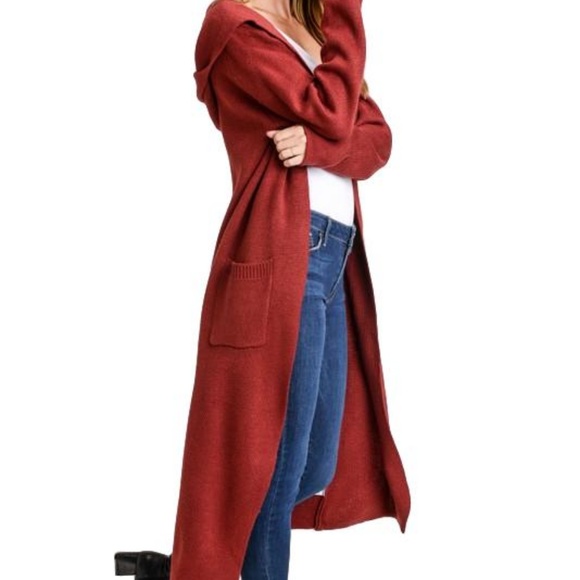 Long Hooded Duster Red Jacket Cardigan Coat Pocket - Picture 4 of 5